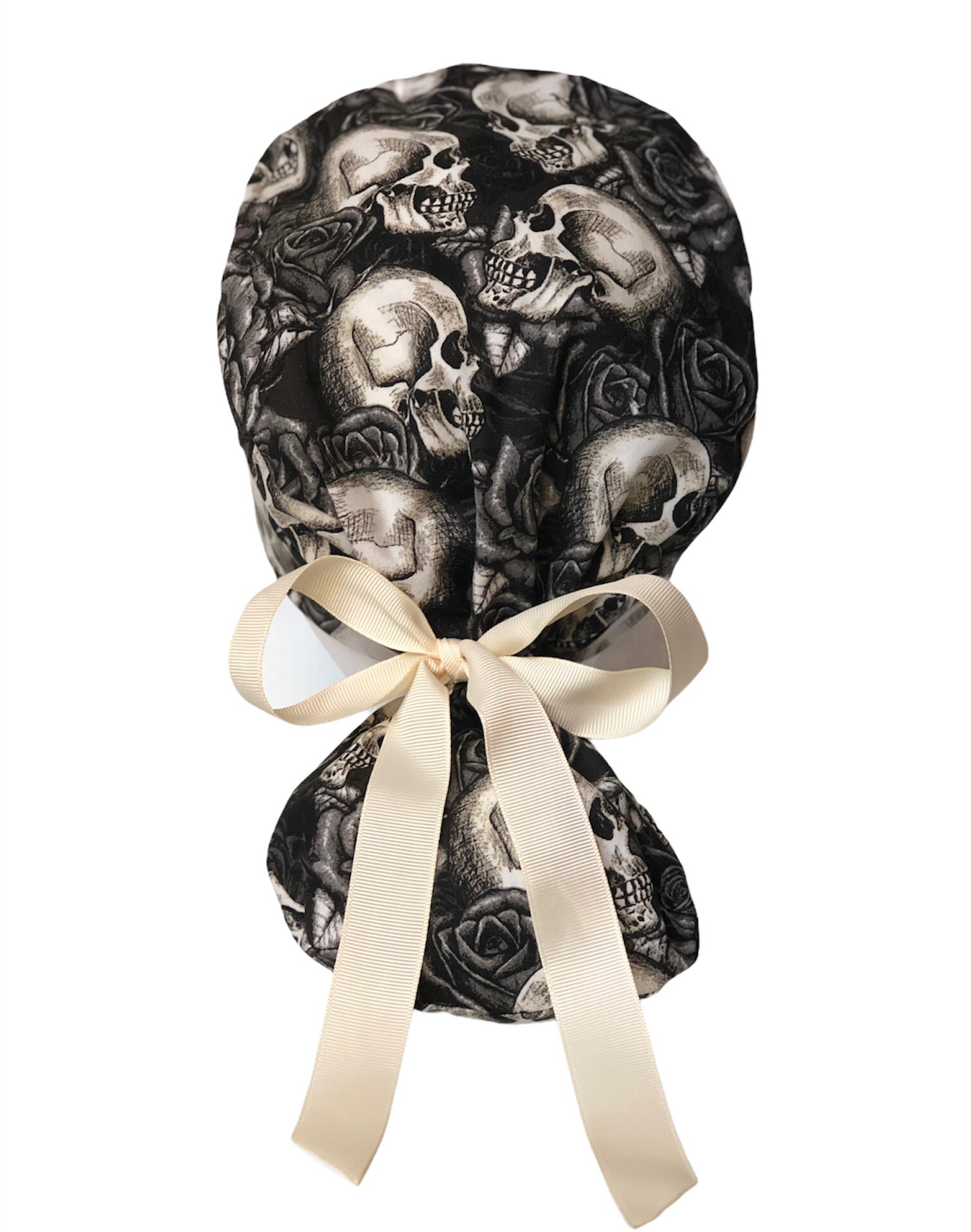 Skulls and Roses on Black Scrub Hat, Ponytail Scrub Cap for Women, Su…