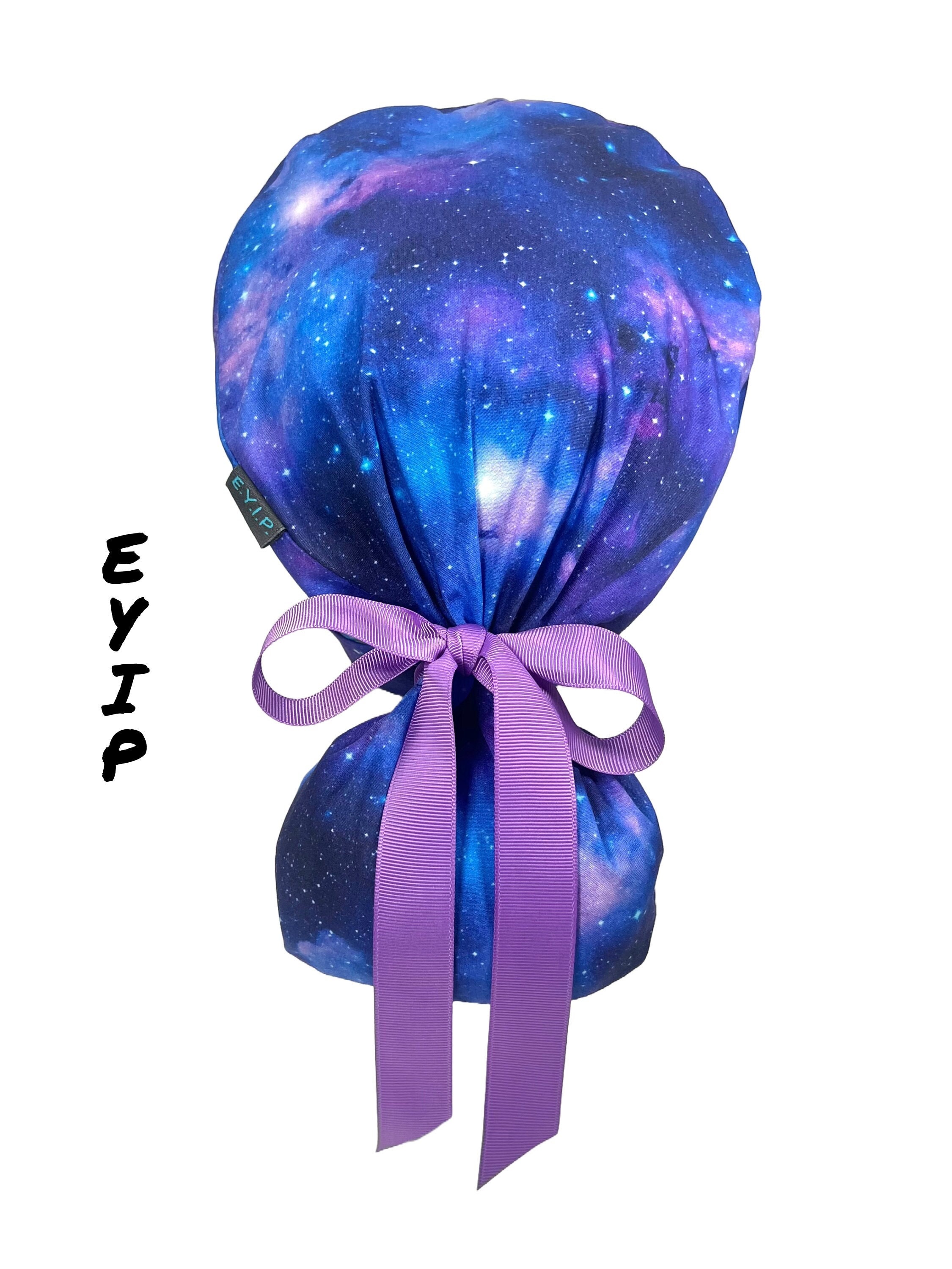 Galaxy Ponytail Scrub Cap: EYIP Cotton Surgical Hat with Mask Buttons