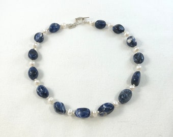 sodalite & pearl beaded beaded statement necklace