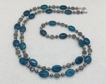 Apatite, Silver Pearl & Labradorite Beaded Necklace