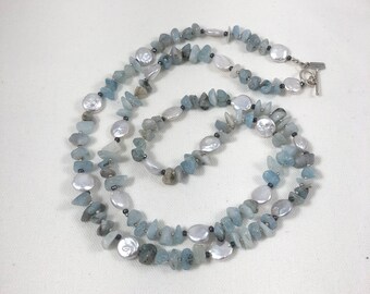 Aquamarine & Pearl Long Beaded Necklace