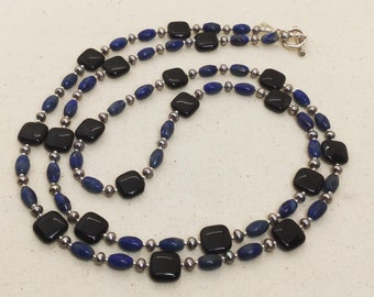 Lapis Lazuli Black Onyx Long Beaded Necklace