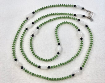 Green Jade, Snow Quartz and Black Agate Long Beaded Necklace