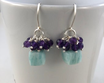 Amazonite, amethyst and sterling silver dangle earrings