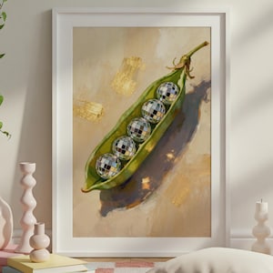 Disco Ball Print Peas in a Pod Artwork Oil Painting Style Retro Music Poster 90s Dance Music Fruit Art