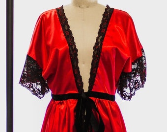 Red satin kimono robe with lace