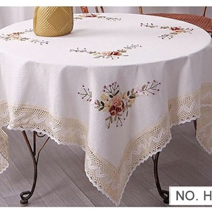 Embroidery Flowers Cotton Tablecloth Linen Table Cover w Florals & Lace Trimming  Various Size for Kitchen Dining Outdoor