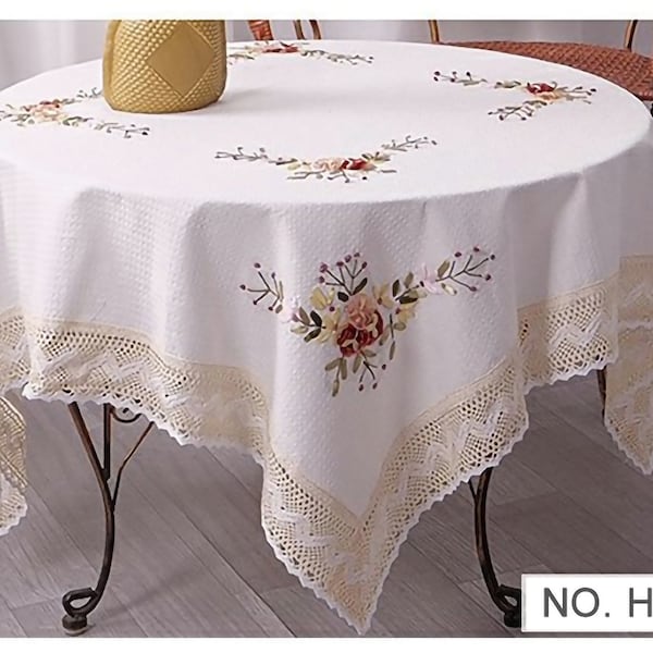 Home Decoration Cotton Table Cloth Linen Embroidery Tablecloth w Floars & Lace Trimming  for Kitchen Dinning Outdoor (Oblong/Square/Circle)