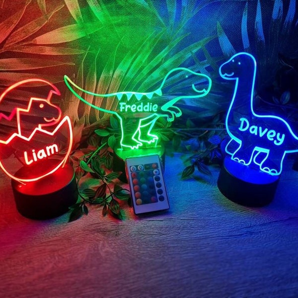 Lumière personnalisée de changement de couleur de dinosaure - LED - Chambre à coucher - Lumière de nuit - Lampe d’illusion - Éclairage d’ambiance garçons/filles - votre propre choix de texte