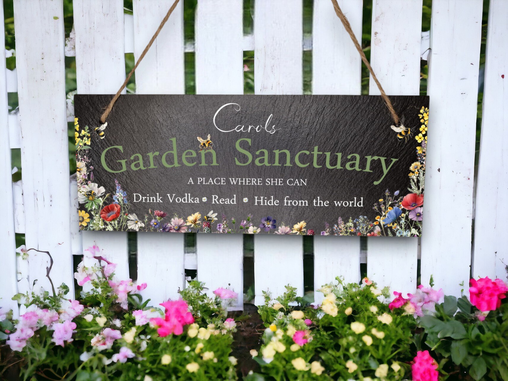 Personalised Bee garden sign decoration - Printed onto high quality Welsh slate - great gift - Bumble bee - Gardening - rockery - yard art