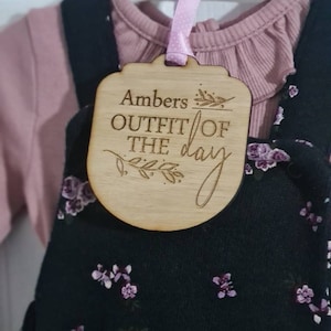 Personalised outfit of the day hanger clothes tag! OOTD, flatlay, photography prop, new baby, children&#39;s clothes item!