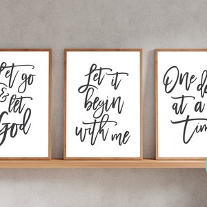 Citas con lemas de recuperación: "Déjalo ir y deja que Dios viva, un día a la vez". Juego de 3 pósteres imprimibles para pared (descarga instantánea).