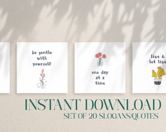 Peut inclure: Ensemble de quatre cartes imprimables avec des citations inspirantes et des illustrations de cactus et de fleurs. Les citations sont "lâchez prise et laissez Dieu faire", "soyez gentil avec vous-même", "un jour à la fois", et "vivez et laissez vivre".