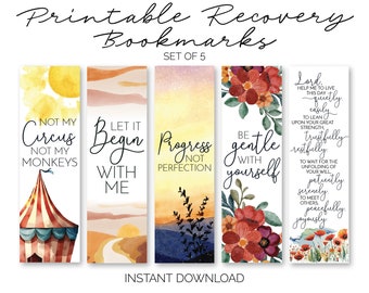 Peut inclure: Ensemble de cinq marque-pages imprimables avec des arrière-plans aquarelle et des citations inspirantes. Les citations sont : "Ce n'est pas mon cirque, ce ne sont pas mes singes", "Laisse-le commencer avec moi", "Le progrès, pas la perfection", "Sois gentil avec toi-même", et "Seigneur, aide-moi à vivre ce jour calmement, facilement, à m'appuyer sur ta grande force, avec confiance, paisiblement, à attendre le déroulement de ta volonté, patiemment, sereinement, à rencontrer les autres pacifiquement, joyeusement."