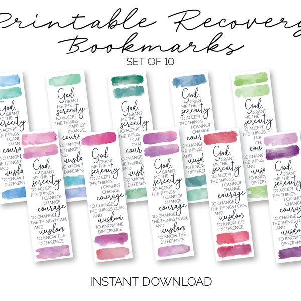Printable Serenity Prayer Bookmarks - AlAnon, CoDA, & 12-Step Slogans and Quotes - Set of 10 - Sobriety Gift for Women (INSTANT DOWNLOAD)