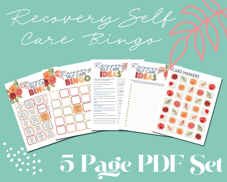 Printable recovery self care bingo card set fun 25 day challenge for