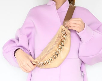 Luxe Beige and Brown Crossbody Fanny Pack with Chain detail