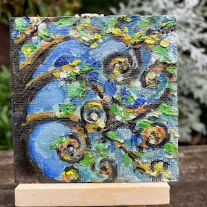 Original oil painting/ Mini canvas painting/Fridge magnet/ 3”x3”Tree of life/ Free mini easel