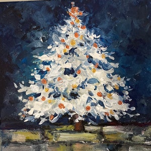 Shimmering White Christmas Tree Painting: Acrylic on Canvas (6x6)