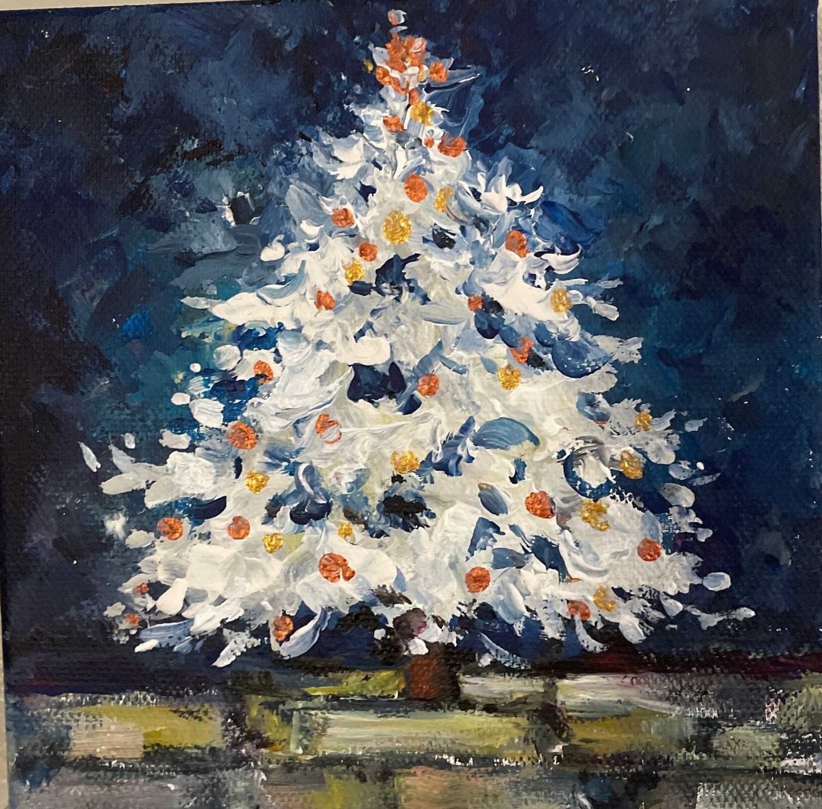 Shimmering White Christmas Tree Painting: Acrylic on Canvas (6x6