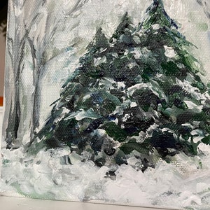 Original Christmas tree painting /White snowy landscape/Evergreen Spruce Trees painting/6”x6”Acrylic on canvas