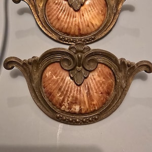 May include: Two antique drawer pulls with a shell-like design. Each pull features a bronze-colored frame with ornate detailing and a central oval insert with a textured, fan-shaped pattern in shades of brown and cream. The pulls are symmetrical and decorative.