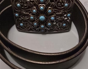 Klamra paska w stylu western w kolorze turkusowym i brązowy skórzany pasek (XL) | Pasek z ozdobnym kwiatowym wzorem | Dodatek w stylu kowbojskim w stylu południowo-zachodnim. NOWOŚĆ.