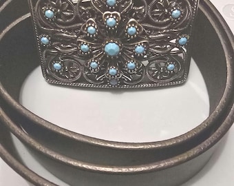 Vintage västerländskt turkos bältesspänne och brunt läderbälte (XL) | Blommigt filigran statement-bälte | Sydvästlig boho cowgirl-accessoar. NY.