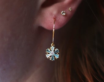 18K Gold Plated Cubic Zirconia Blue Snowflake Charm Thin Hoop Earrings | Gold Plated Brass Turquoise Snowflake 20mm White Gold Filled Hoops