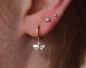 18K Gold Plated Cubic Zirconia Dragonfly Small Hoop Earrings | Real Gold Plated Brass Dragonfly Charm Dainty Hoop Earrings