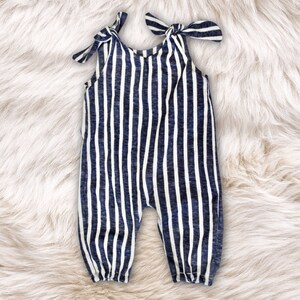 Navy blue and White stripes baby tie romper, Minimalist harem Jumpsuit, Organic baby clothes, Toddler low crotch overall, Eco friendly gift