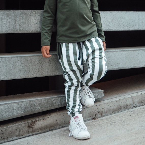 Kids Stretchy Striped Harem Pants Olive Green And White Handmade Comfy Joggers French Terry Kids Striped Leggings Child Pocket Pants