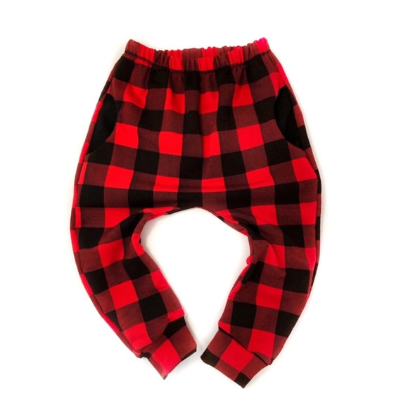 Red and Black Buffalo Plaid Newborn Low Fit Trousers, Funny Drop
