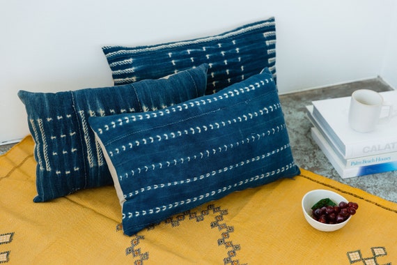 Mudcloth Pillow Lumbar Pillow African Indigo Pillow Cover Dark Blue