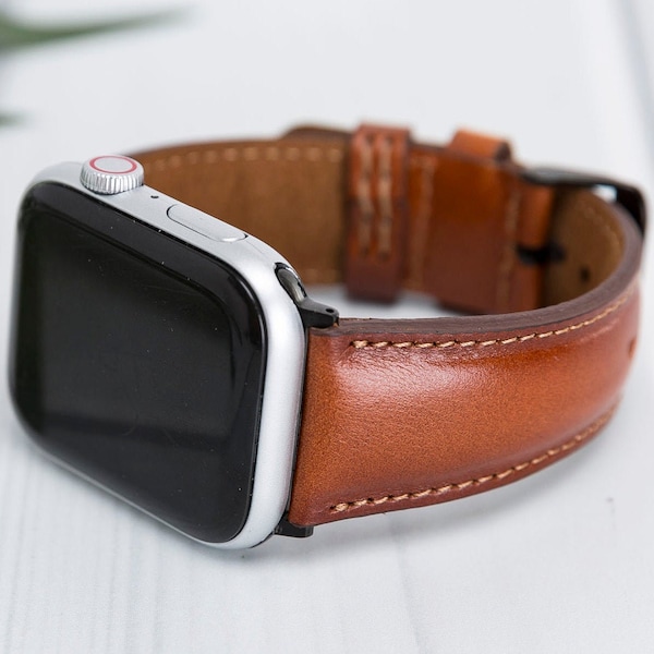 Brown Burnished Genuine Leather Apple Watch Band 38 40 41 42 44 45 49mm, Handmade iWatch Strap, Series Ultra 2, 9 8 7 6 5 4 3 2 1 & SE