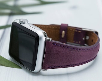 Pequeña correa de Apple Watch de cuero morado 38 40 41 42 44 45 49 mm, correa delgada para iWatch para mujer, regalo grabado, Serie Ultra 2, 9 8 7 6 5 4 3 2 1 & SE