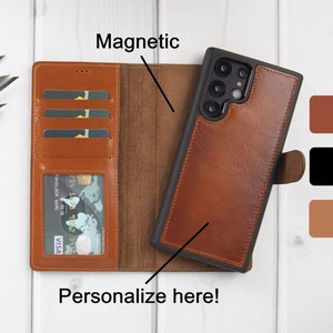 Capa de couro marrom polido para Samsung Galaxy S22, S22 Plus, S22 Ultra, capa magnética removível feita à mão 2 em 1, carteira com compartimentos para cartão e identificação