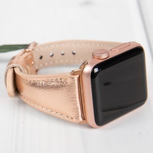 Rose Gold Genuine Leather Apple Watch Band 38 40 41 42 44 45 49mm, Slim Womens iWatch Bracelet Series Ultra 2, 9 8 7 6 5 4 3 2 1 & SE