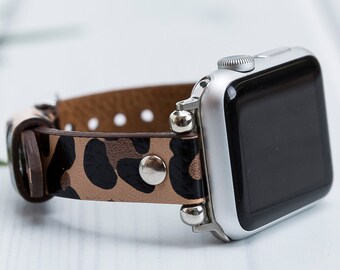 Correa de Apple Watch de cuero con estampado de leopardo 38 40 41 42 44 45 49 mm, correas iWatch hechas a mano regalo para mujer, Serie Ultra 2, 9 8 7 6 5 4 3 2 1 & SE