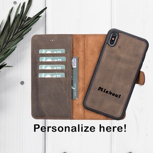Donkerbruine echt lederen iPhone XS Max Case, gepersonaliseerde 2in1 magnetisch afneembare portemonnee case, kaartsleuf, gift iPhone XS Max lederen case