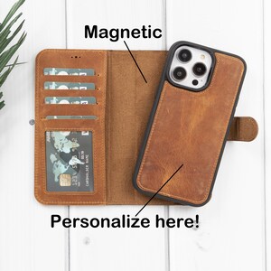 Custodia per iPhone 15 in pelle marrone anticata, iPhone 15, 15 Pro, 15 Plus e Pro Max, custodia a portafoglio magnetica staccabile 2in1 personalizzata, slot per carte