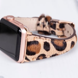 Slim Leopard Leather Apple Watch Band 38 40 41 42 44 45 49mm, Handmade Small Womens iWatch, Gift Her, Series Ultra 2, 9 8 7 6 5 4 3 2 1 & SE