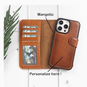 Custodia per iPhone 14 in pelle brunita marrone, iPhone 14, 14 Pro, 14 Plus e Pro Max, custodia a portafoglio magnetica staccabile 2in1 personalizzata, slot per carte
