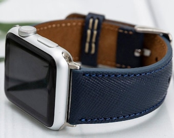 Correa Apple Watch de cuero Saffiano azul marino 38 40 41 42 44 45 49 mm, correa iWatch hecha a mano para hombres y mujeres, Serie Ultra 2, 9 8 7 6 5 4 3 2 1 & SE
