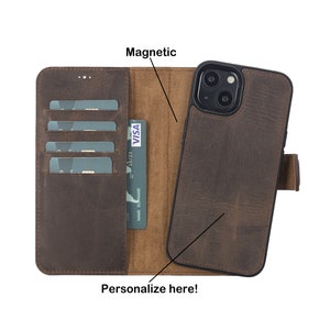 Bruin lederen iPhone 12 &13 Pro, Pro Max, Mini, handgemaakt afneembare magnetische 2in1 case, portemonnee met kaart, gepersonaliseerde telefoonhoes, cadeau