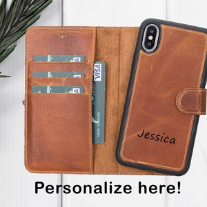 Bruin echt lederen iPhone X XS-hoesje, handgemaakte gepersonaliseerde 2in1 magnetische afneembare portemonnee, kaartsleuven, cadeau iPhone XS lederen tas