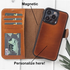 Gepolijste bruine lederen telefoon 13 Pro, handgemaakt afneembaar 2in1 magnetische portemonnee case met kaarthouder & slot voor ID-venster, graveren cadeau