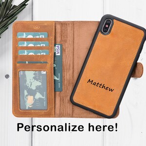 Bruin echt lederen iPhone XS Max-hoesje, gepersonaliseerde 2in1 magnetische afneembare portemonneehoes, ID-kaartsleuven, cadeau iPhone XS Max lederen tas