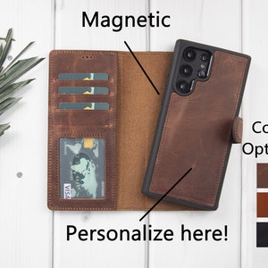 Capa tipo carteira de couro marrom Antic para Samsung, S22 personalizada, S22 Ultra, S22 Plus, capa tipo carteira magnética removível com compartimentos para cartão, presente Samsung