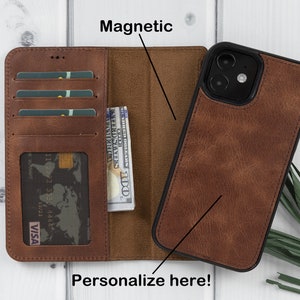 iPhone 12 Pro de couro marrom, capa magnética removível feita à mão 2 em 1, carteira com compartimentos para cartão e identificação, capa de telefone personalizada, presente perfeito
